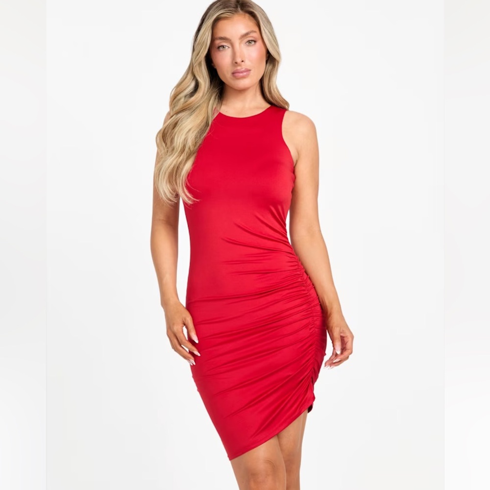 NEW!! Guess Elegant Red Sleeveless Asymmetrical Wrenley Ruched Dress